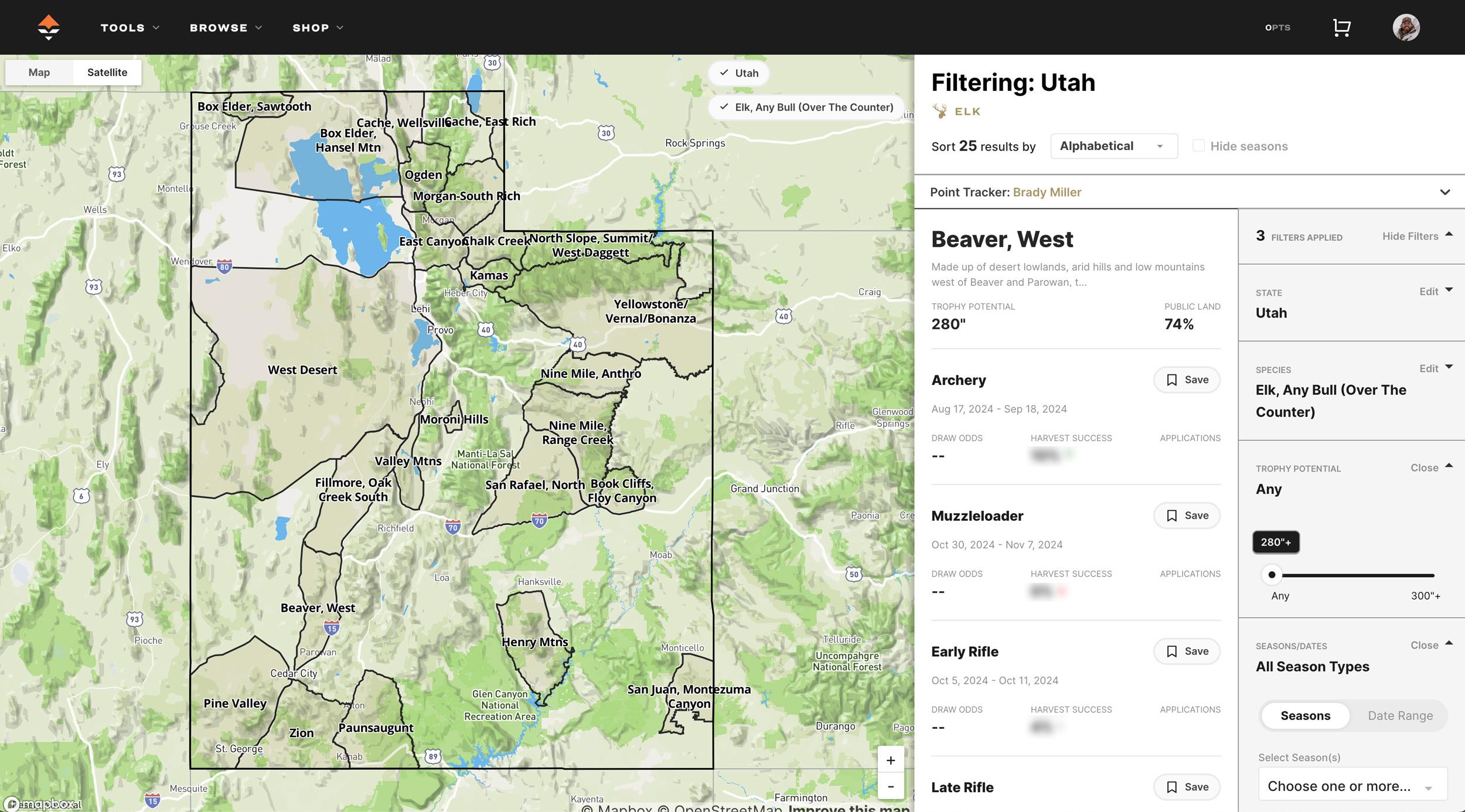 Utah any bull elk hunting units using GOHUNT Filtering research