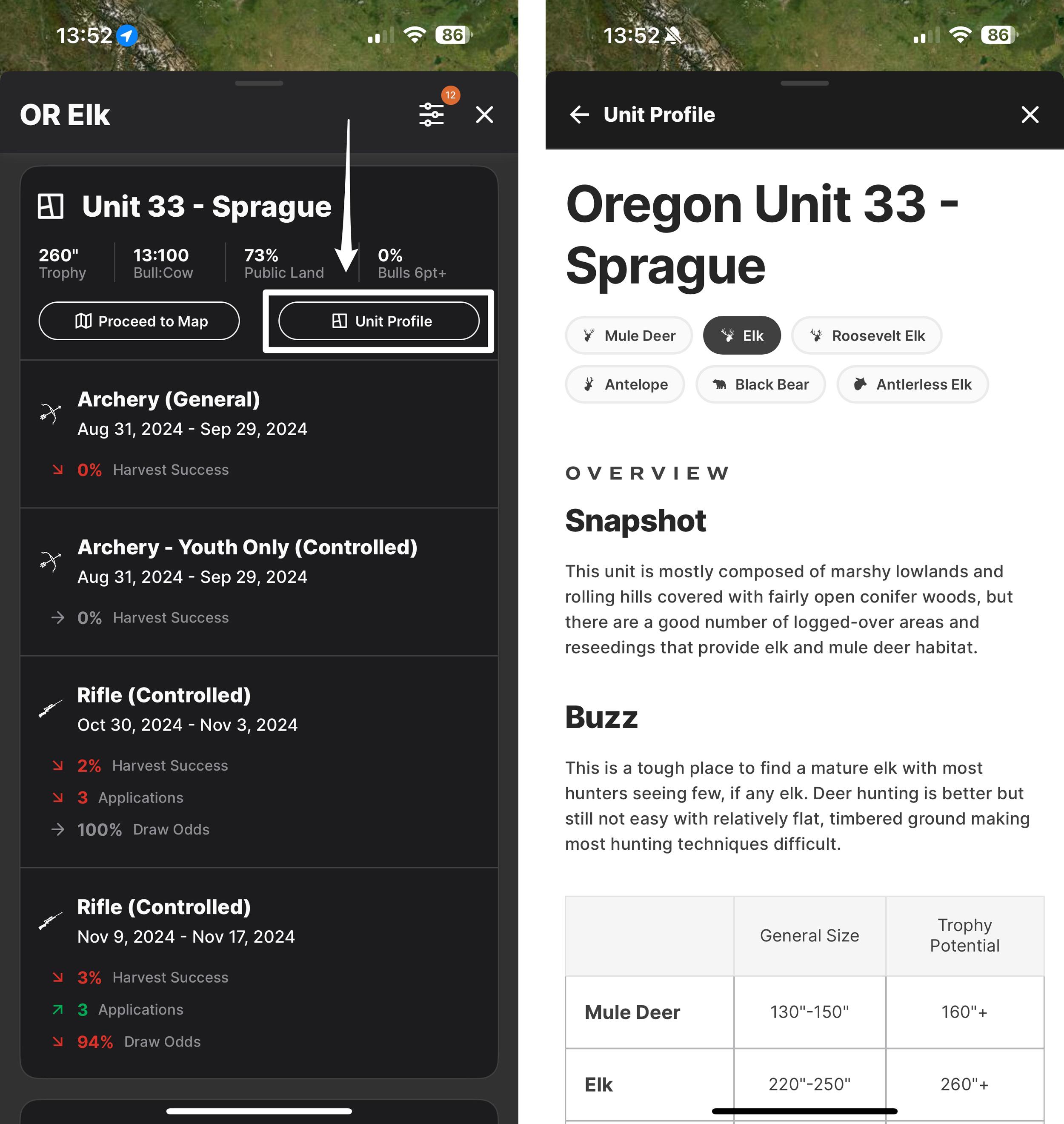 Jumping over to a hunting Unit Profile on the GOHUNT mobile app