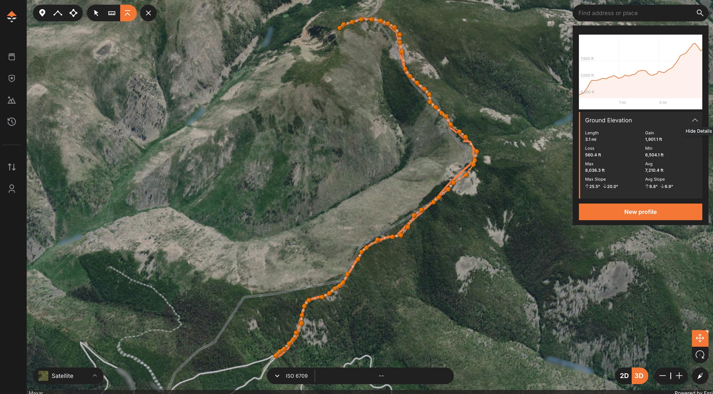 Mapping out the elevation profile for a long hiking route for an elk hunting area