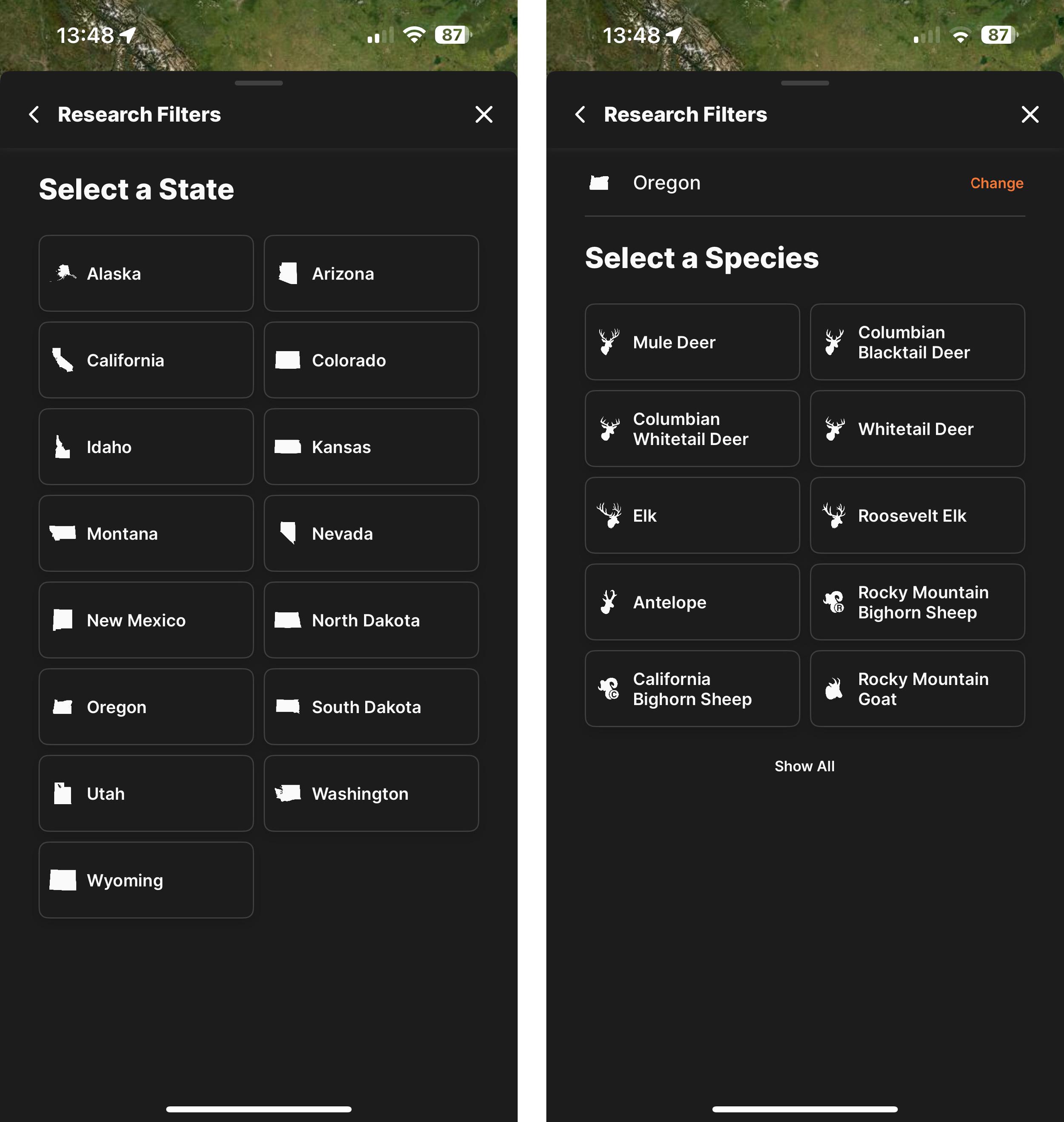 Selecting the state and species to research on the GOHUNT app