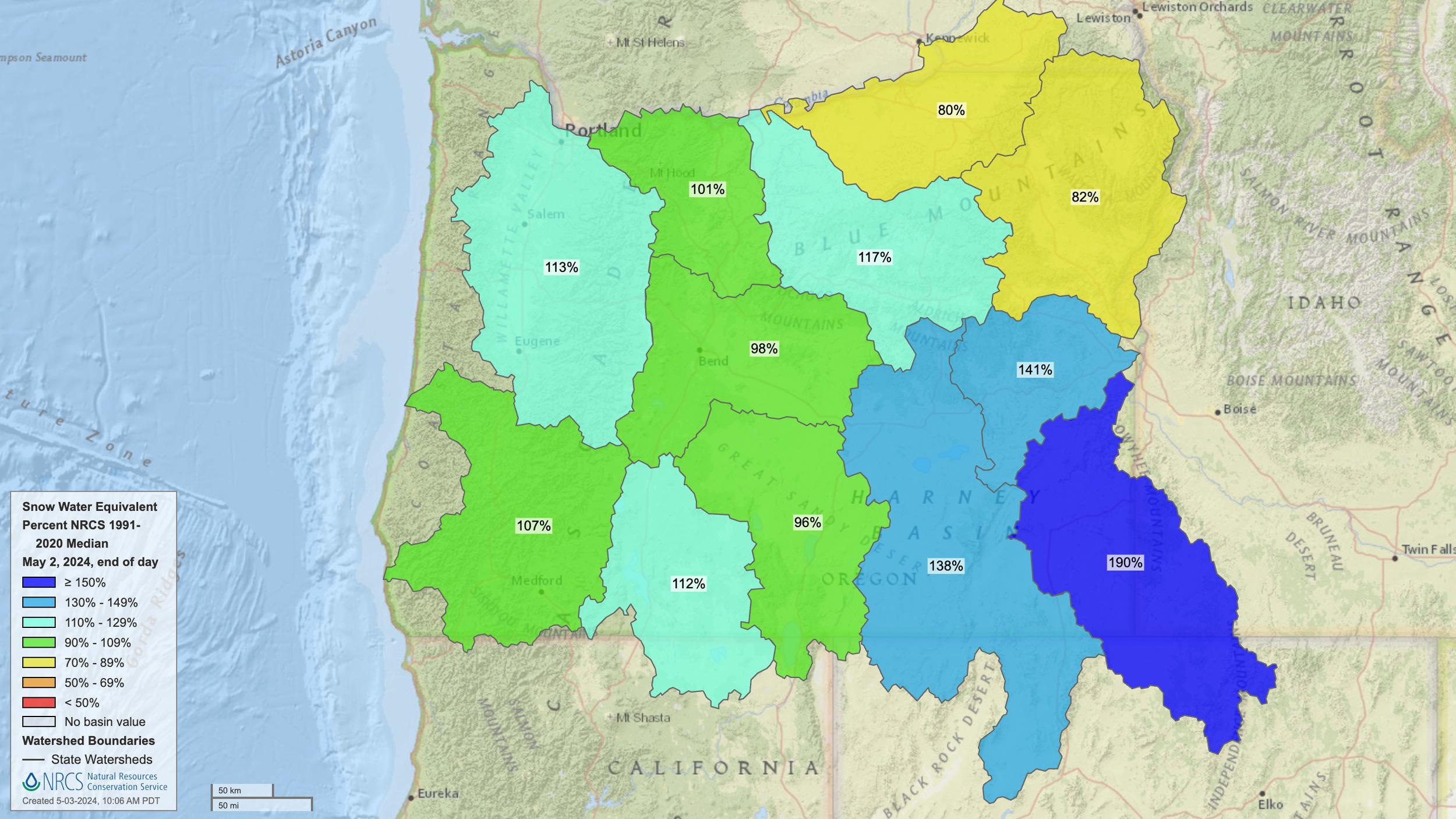 2024 early May Oregon snow water equivalent status map