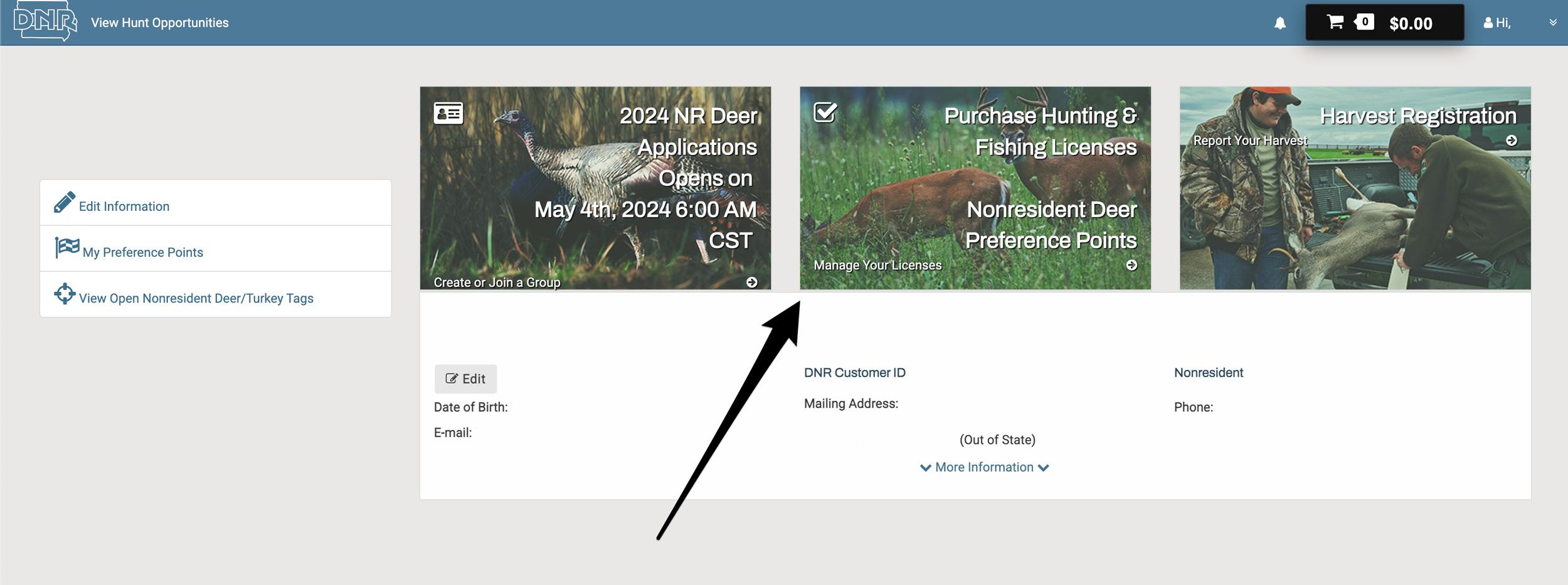 GO Iowa Outdoors hunting licensing account page and how to access the preference point purchase section