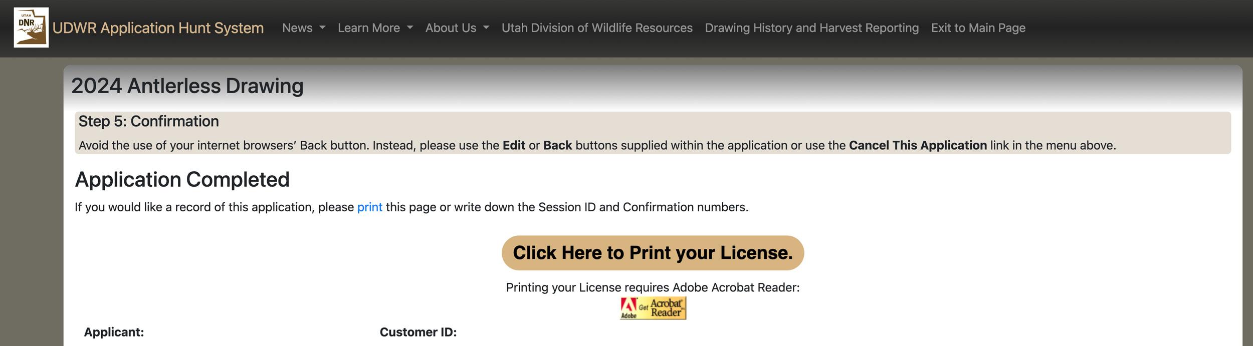 Utah confirmation page for bonus points and preference point purchase