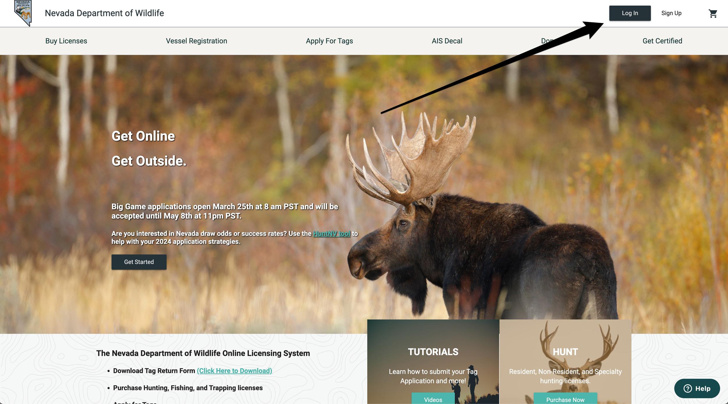 Nevada Department of Wildlife shop hunting licensing page