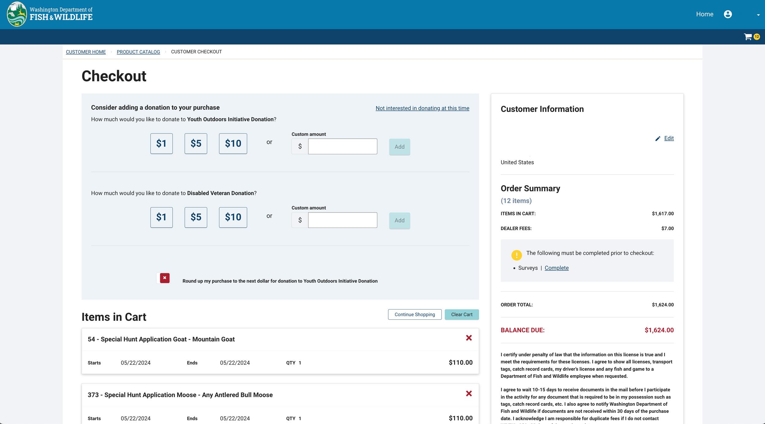 Washington hunting application checkout page