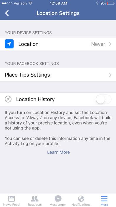 Iphone facebook application location services