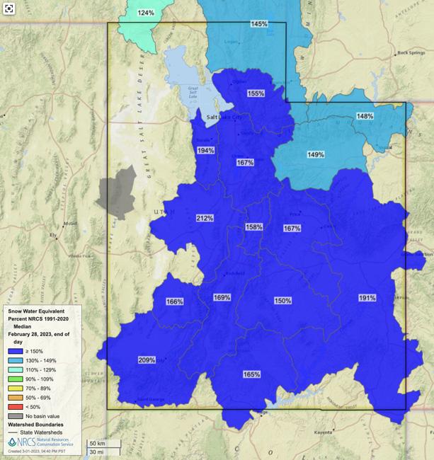 Utah february 28 2023 snow water equivalent map