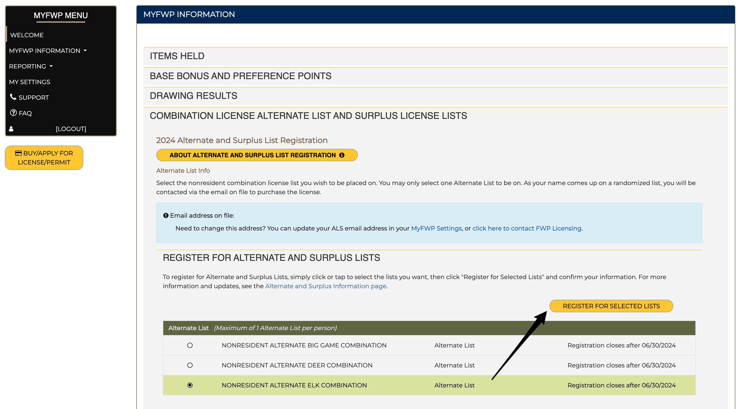 Submitting your Montana nonresident general season combination license alternate list selection