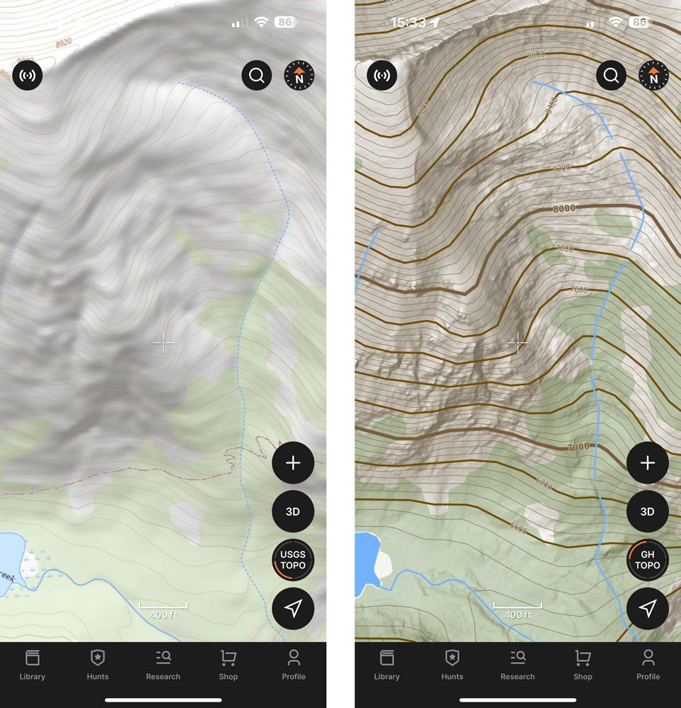 USGS topographical map on the left vs. the new custom GOHUNT topographical map on the right