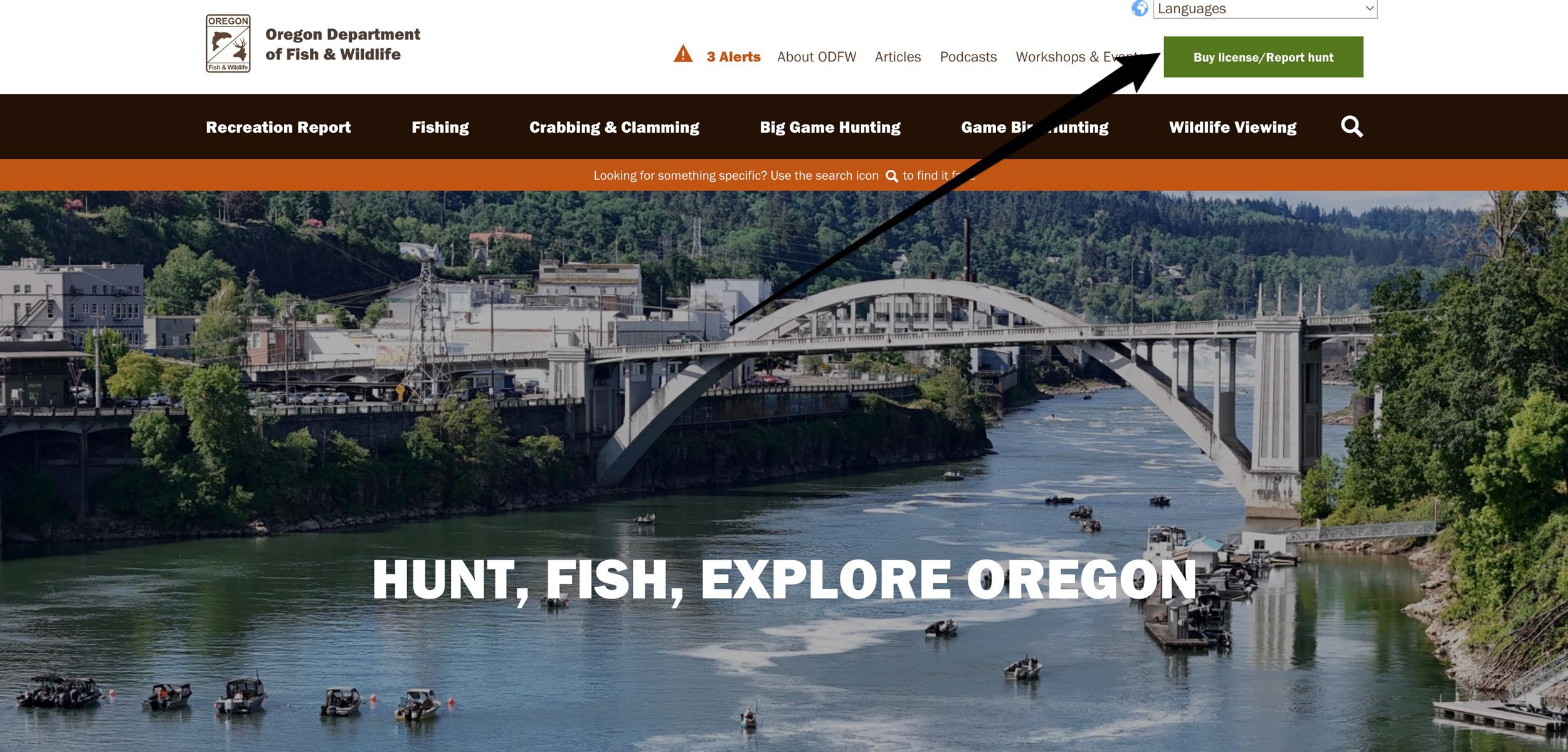 Navigate to the buy license section of Oregon Department of Fish and Wildlife's licensing website