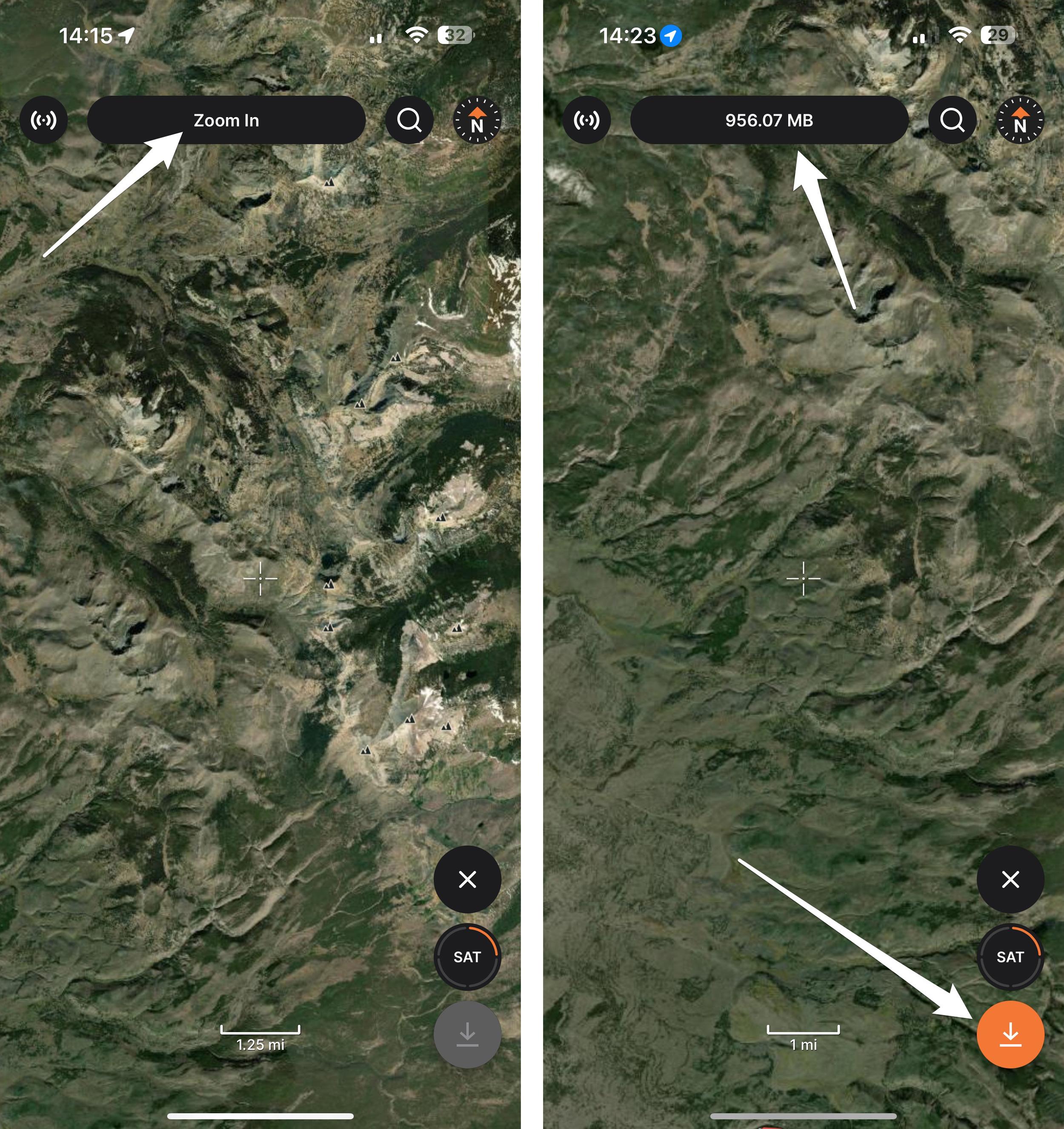 Zoom and pan to hunting area to download satellite and topographic maps for offline use