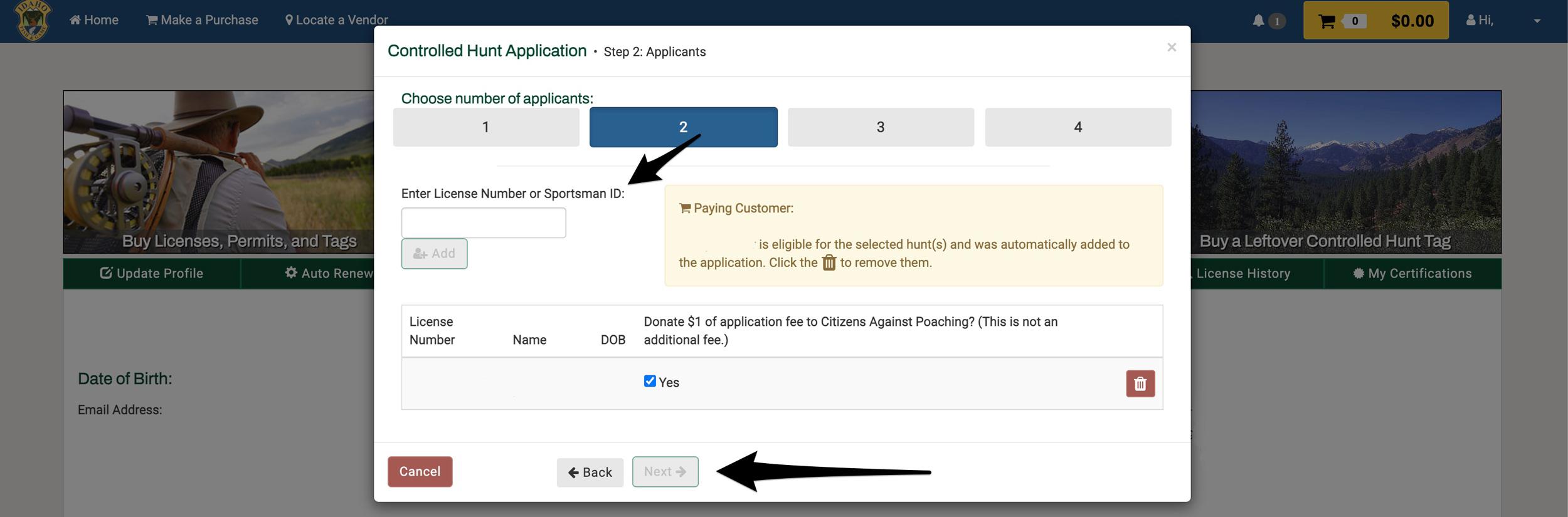 Screenshot showing how to add hunt party applicants to second controlled hunt drawing