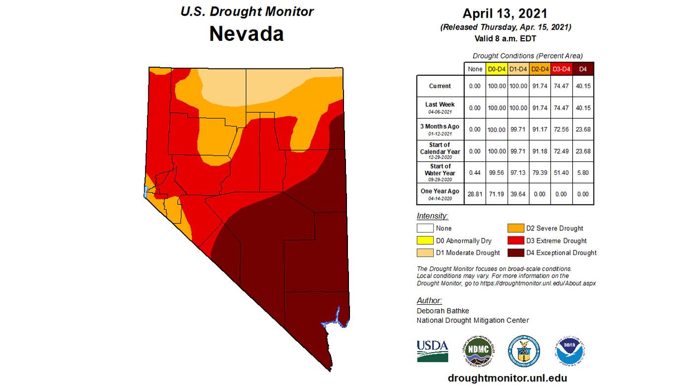 2021 early April Nevada drought status map