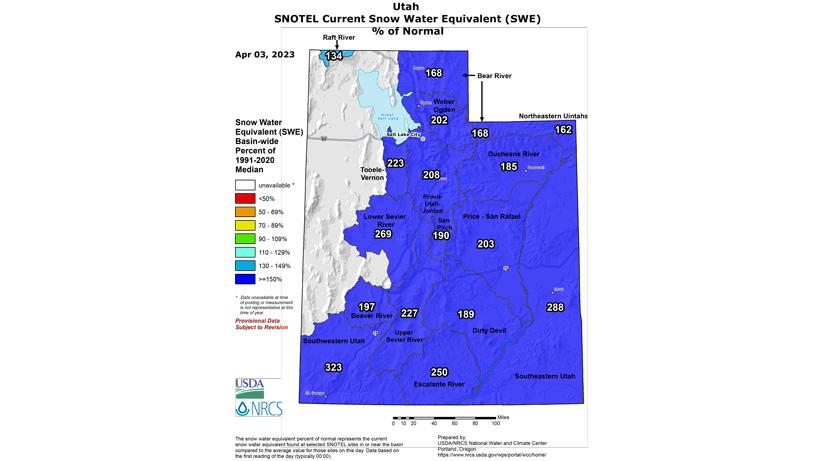 Utah april 3 2023 snow water equivalent map