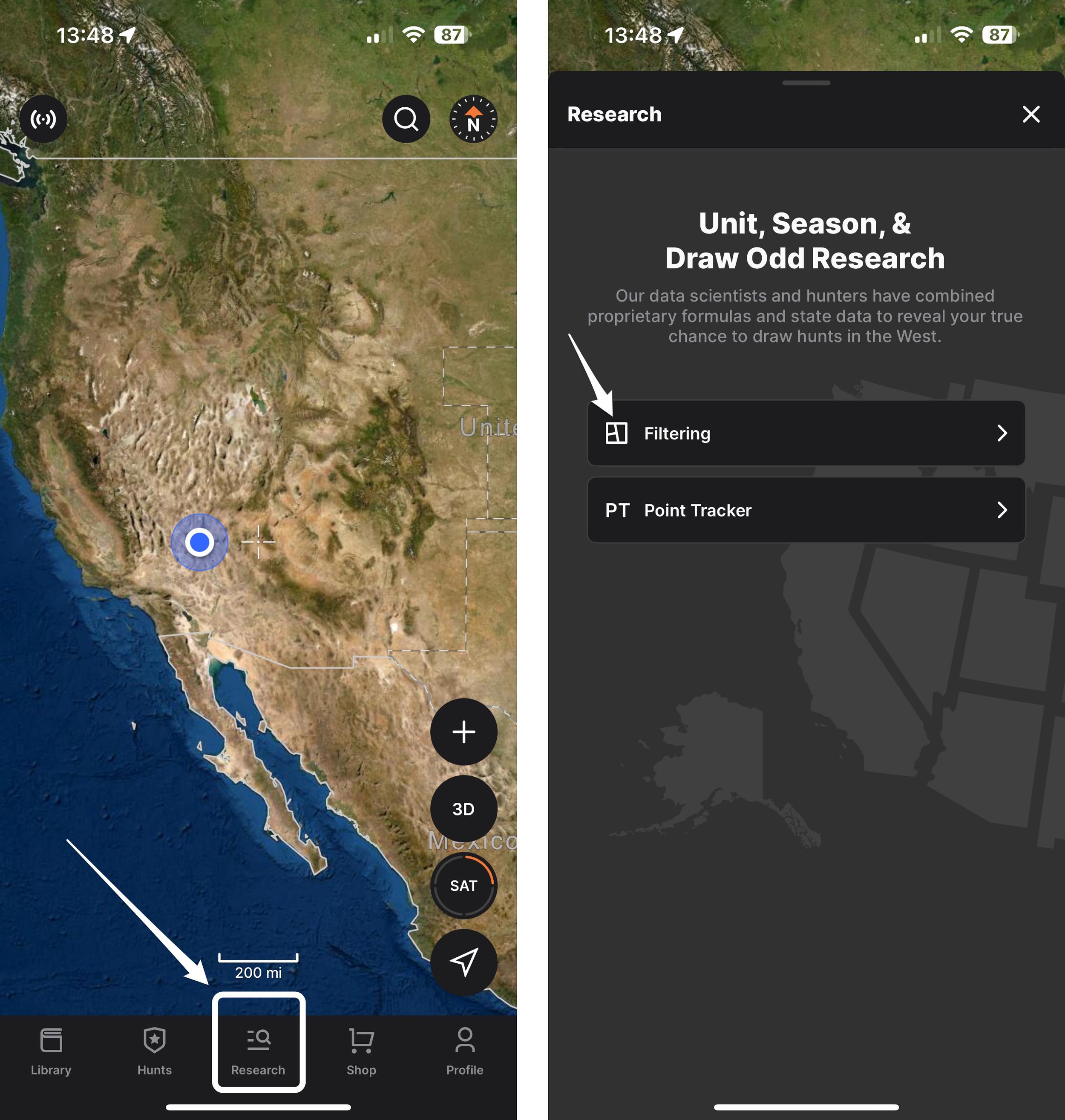 Accessing hunting research Unit Profiles on the GOHUNT mobile app