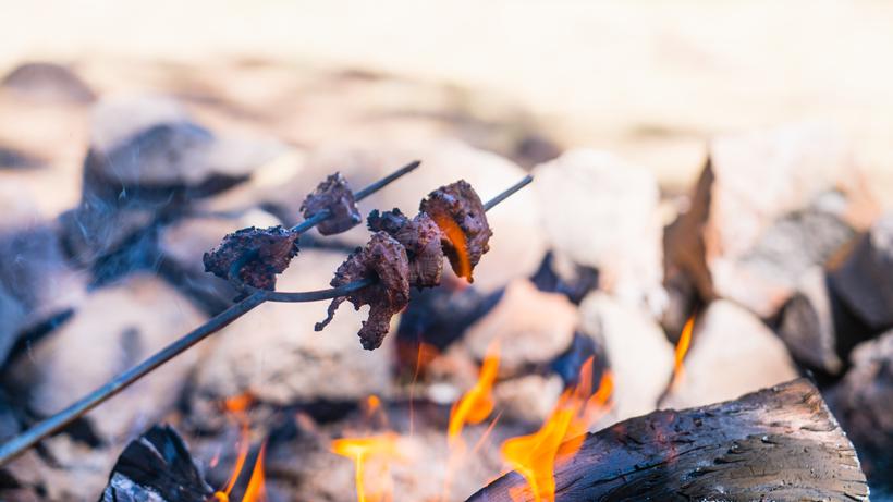 Two-prong skewer cooking deer meat over a campfire