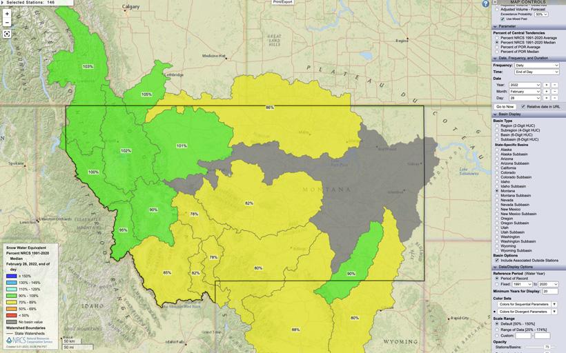 Montana february 28 2022 snow water equivalent percent