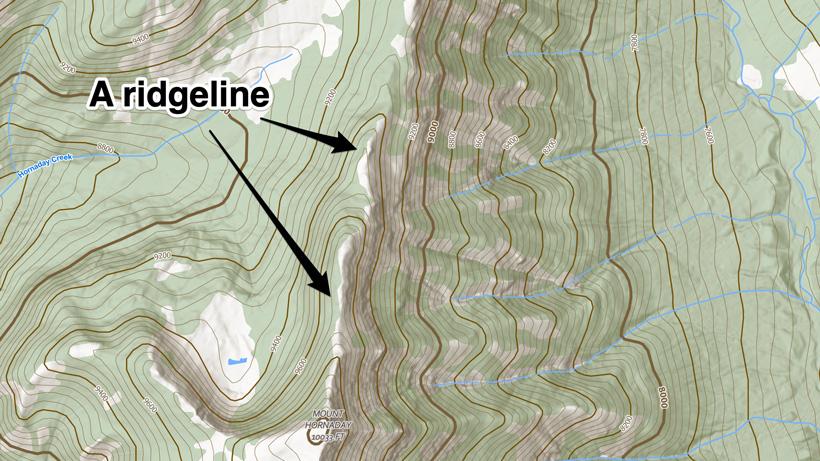 A ridgeline on a topographical map