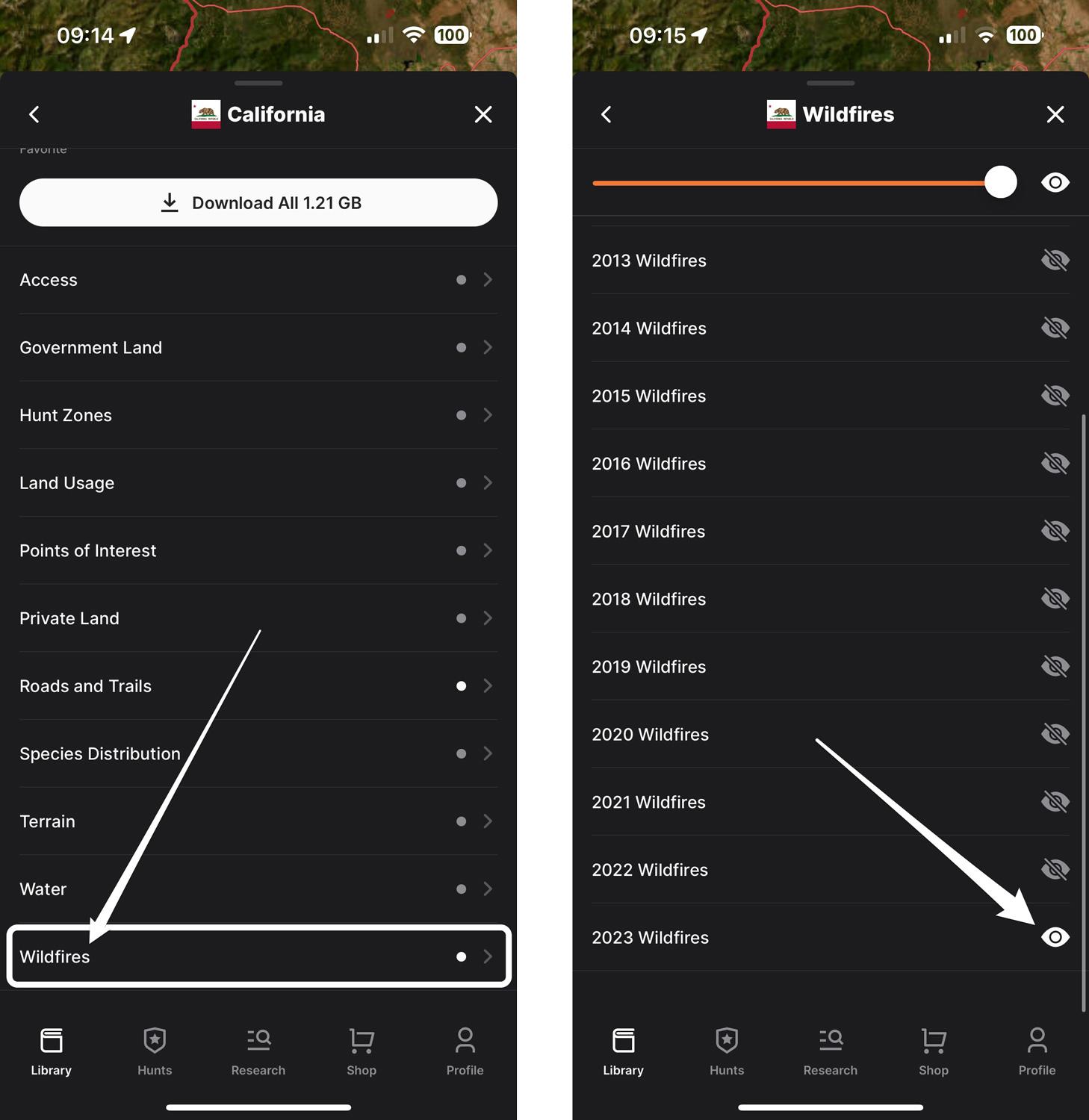 Turning on 2023 wildfire layers on the GOHUNT mobile app