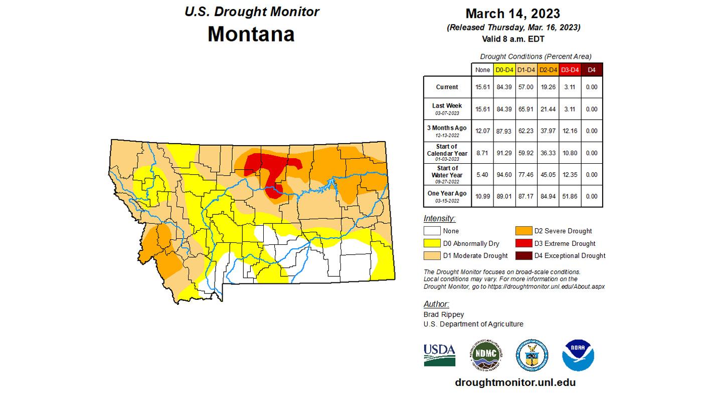 Montana mid March 2023 drought status map