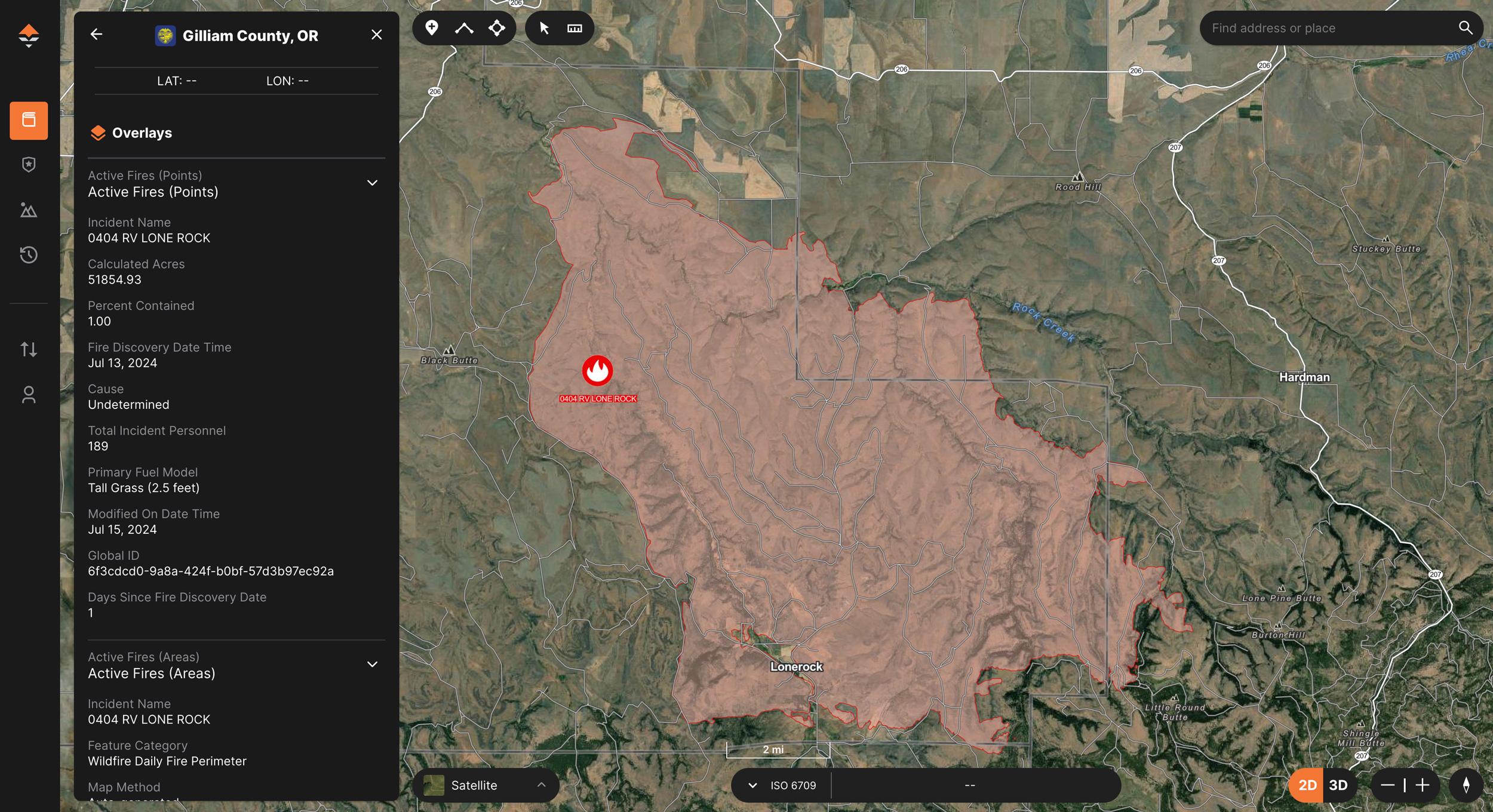 Wildfire layer screenshot showing real time wildfire information