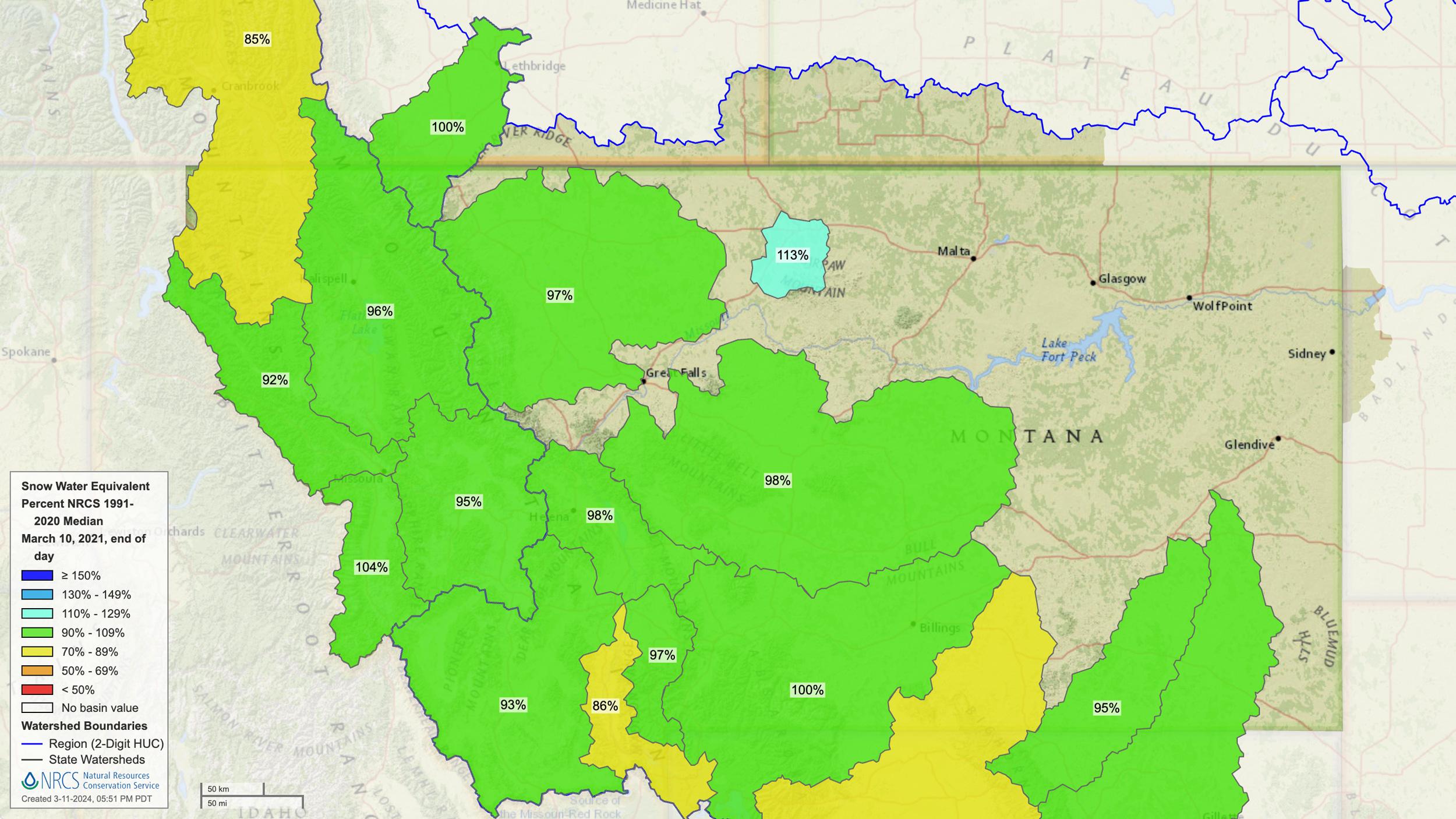 Montana mid March 2021 snow water equivalent map