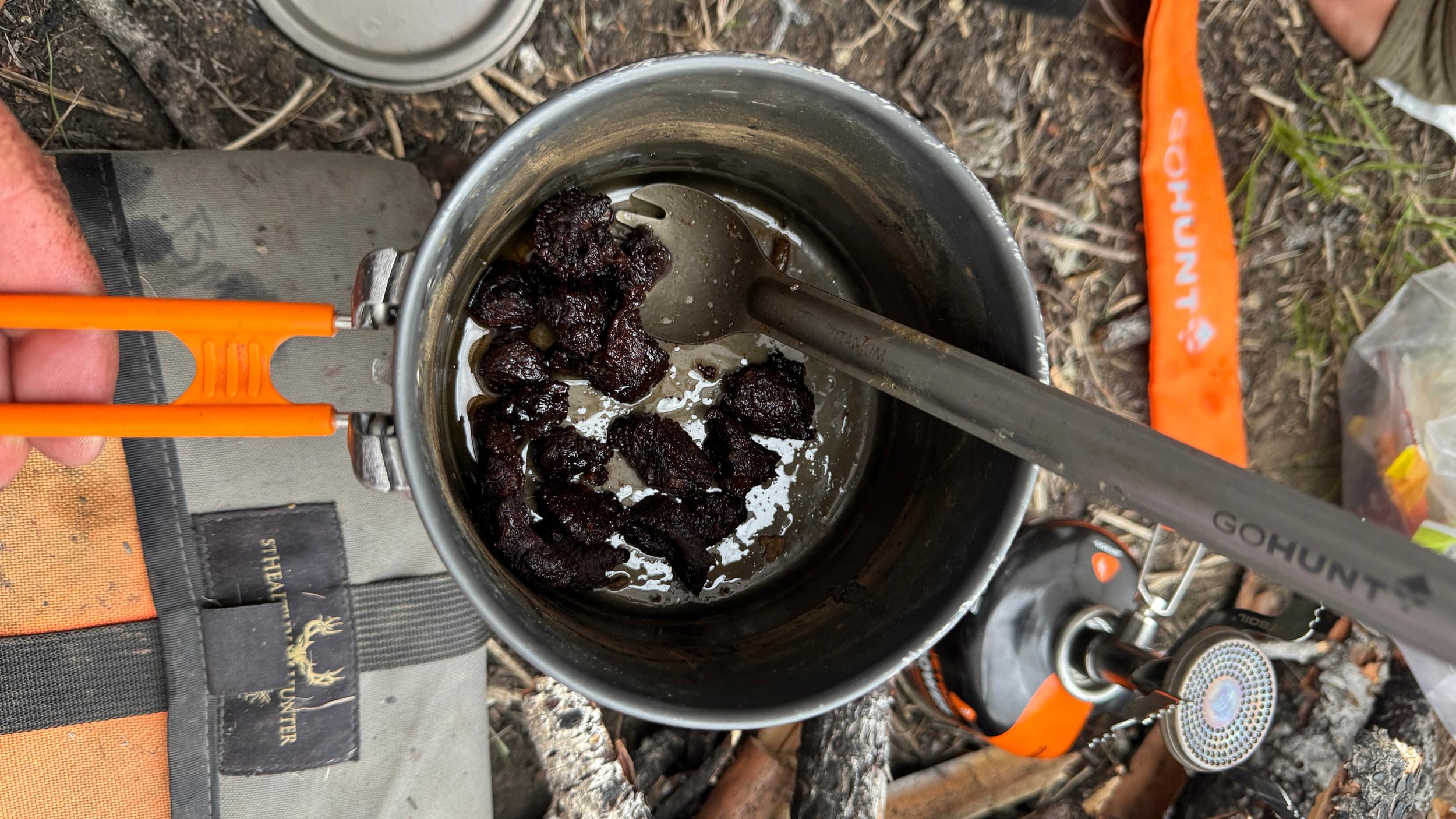 Bear meat nuggets cooked in black bear fat