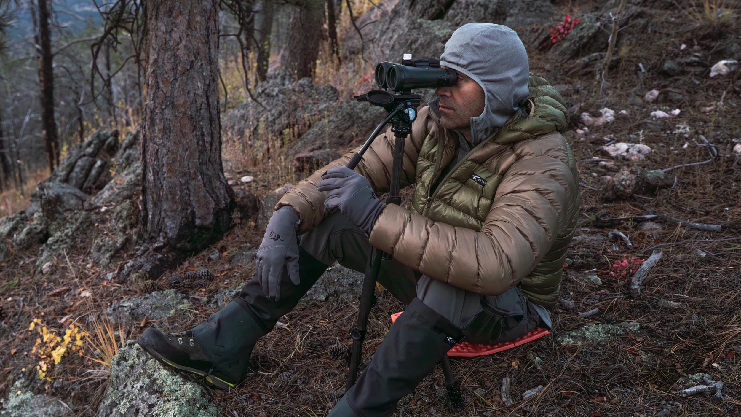 Glassing for elk with binoculars mounted on a tripod