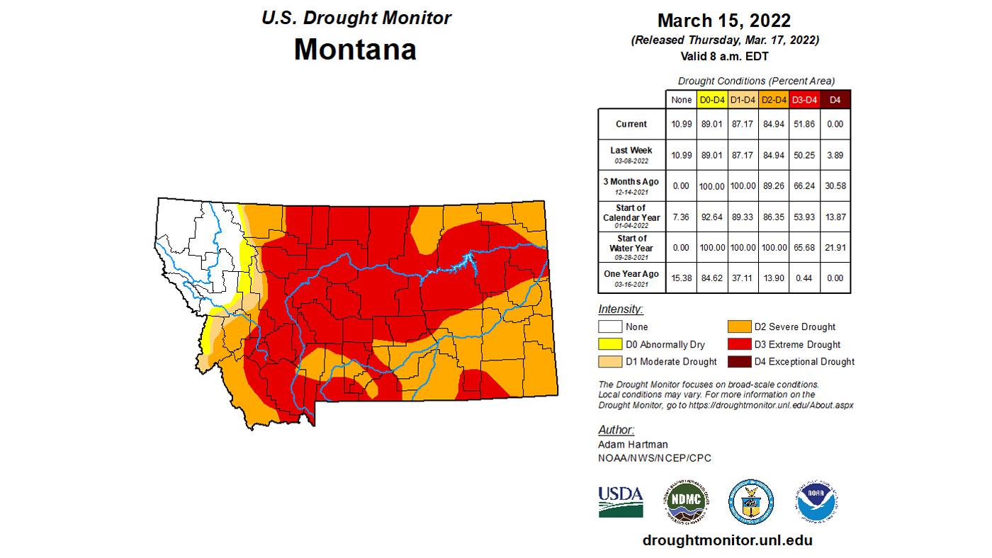 Montana mid March 2022 drought status map