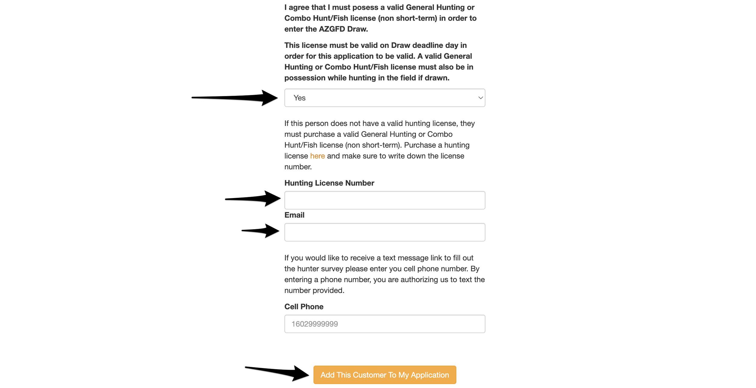 Entering in Arizona hunting license number to apply or purchase bonus points