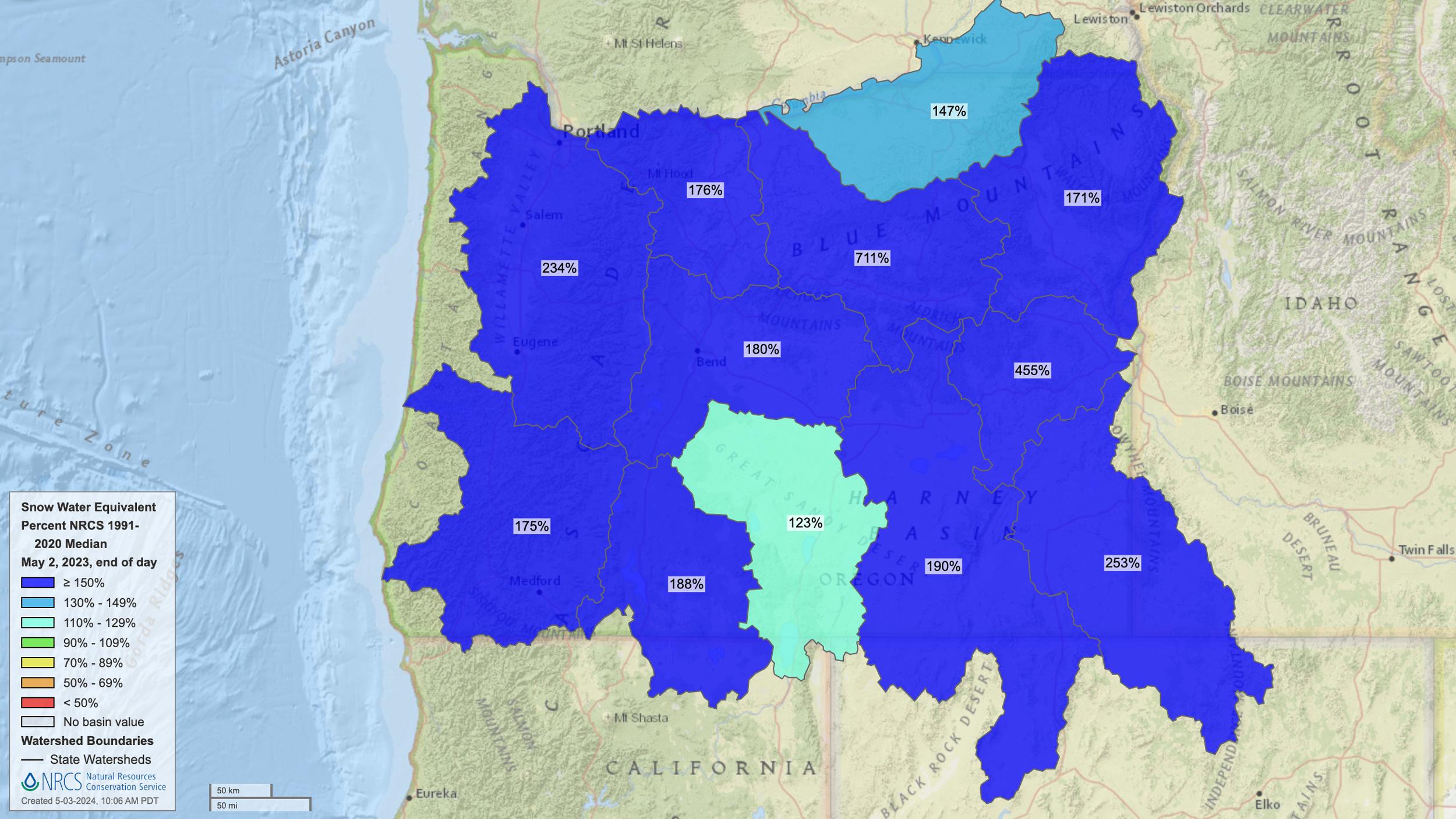 2023 early May Oregon snow water equivalent status map