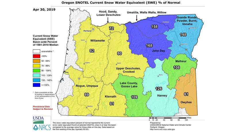 Oregon snow water equivalent as of april 2019