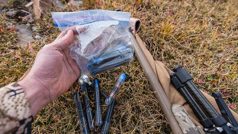 Muzzleloader powder charge tubes placed in ziploc bag