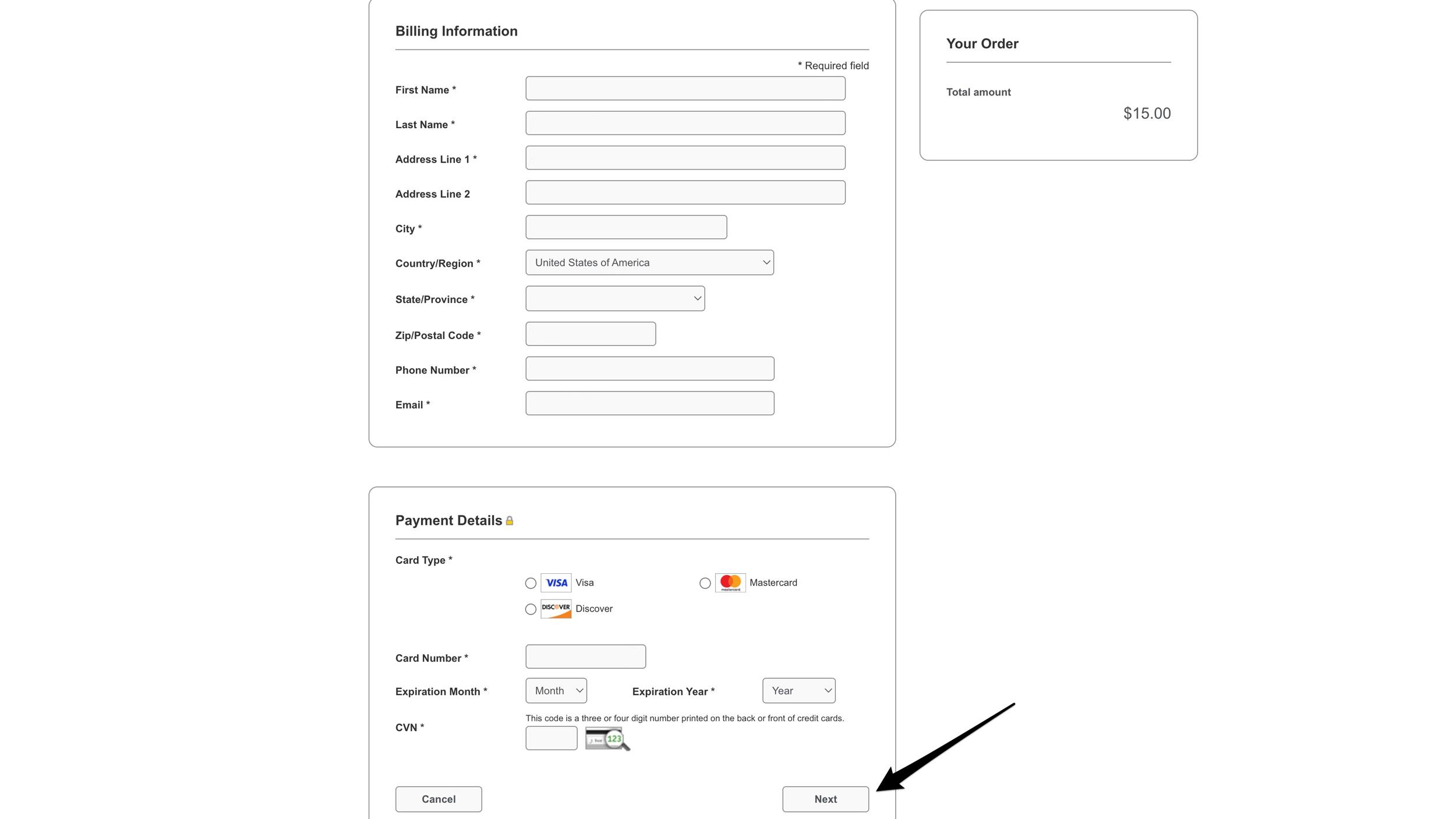 Enter in payment information to purchase Arizona bonus points