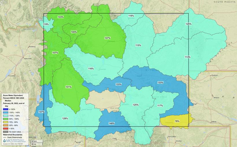 Wyoming february 28 2023 snow water equivalent map