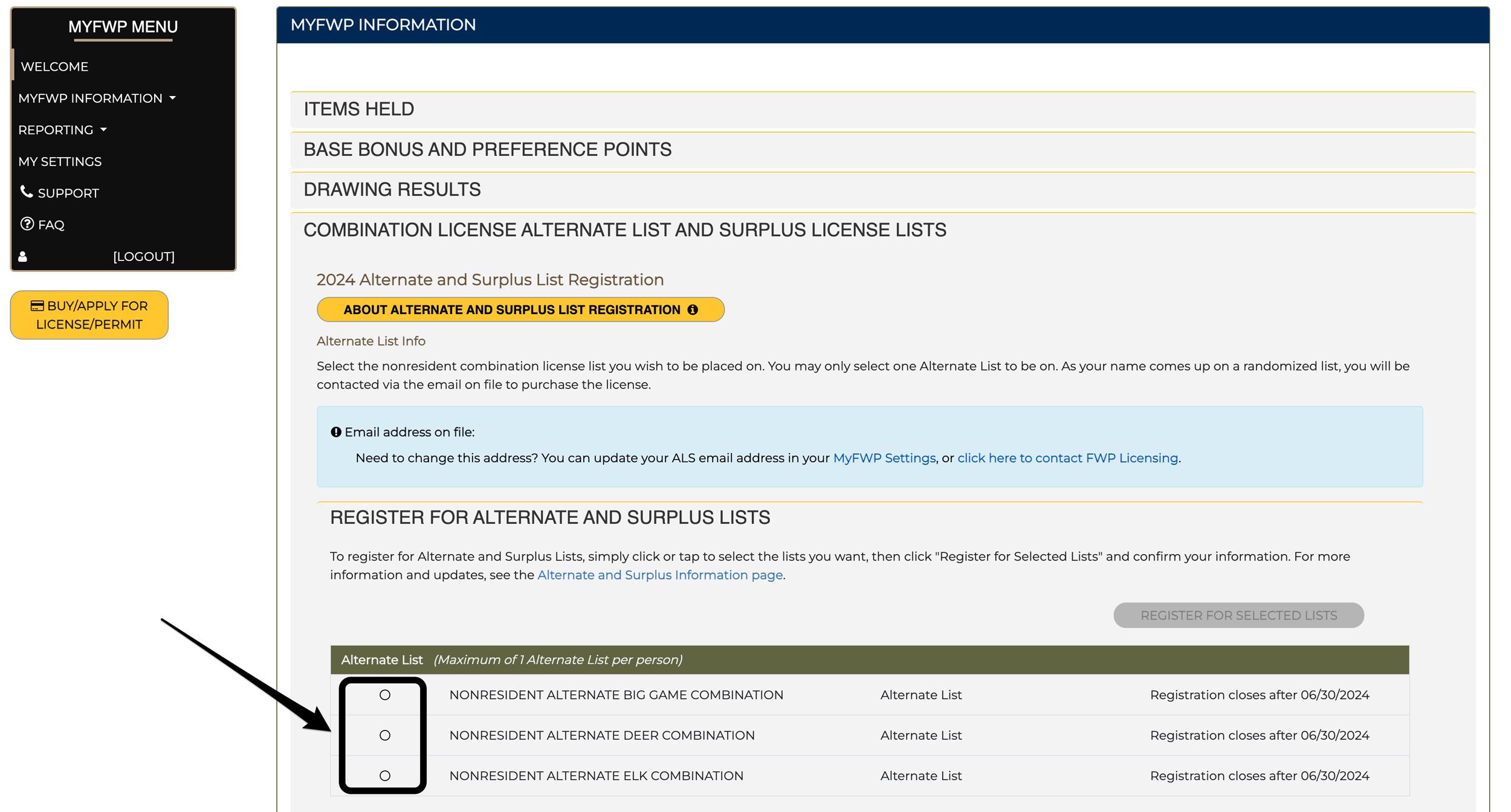 Montana nonresident hunting alternate list signup options