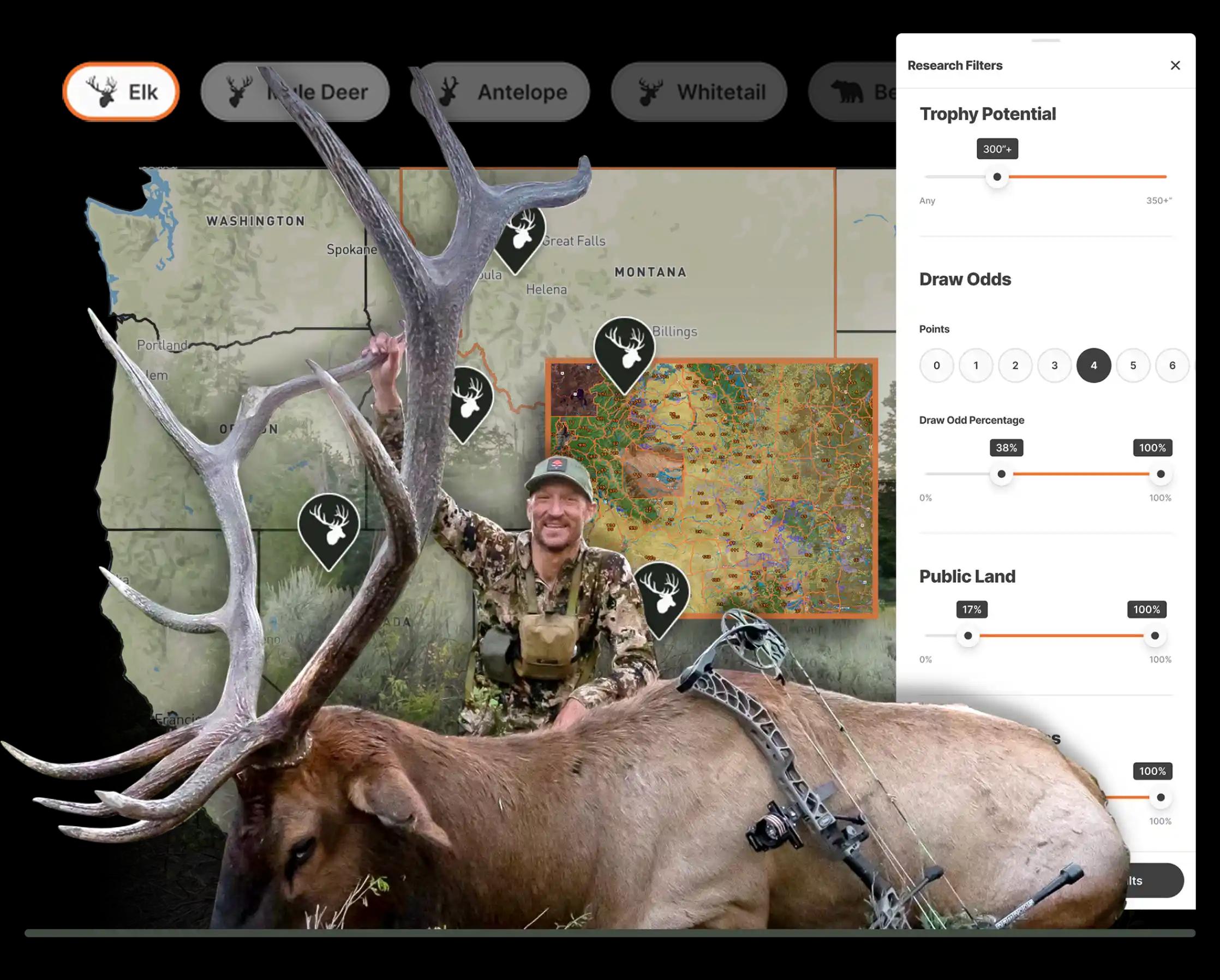 Hunter with a trophy elk and gohunt filtering tools