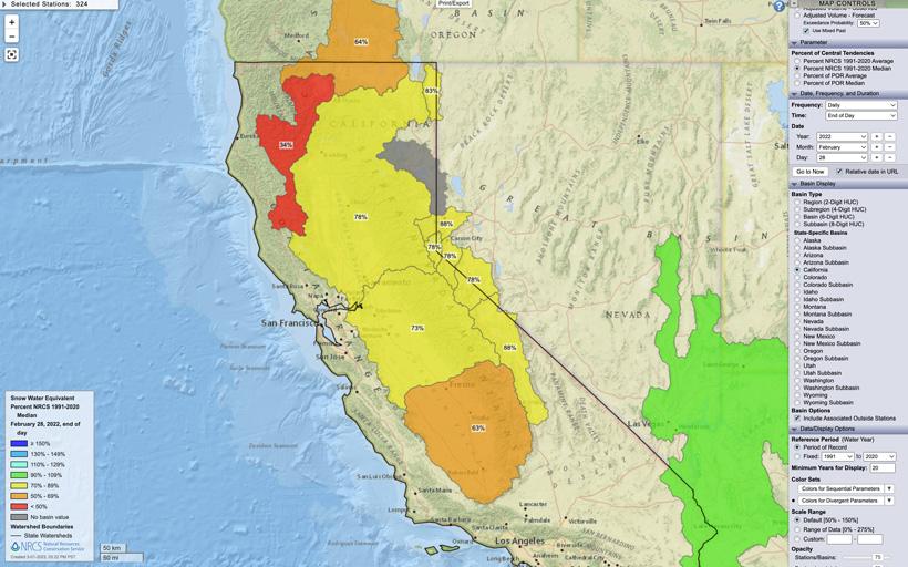 California february 28 2022 snow water equivalent percent