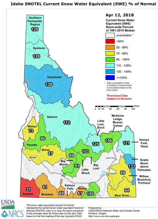 Idaho snow water equivalent of normal april 2018
