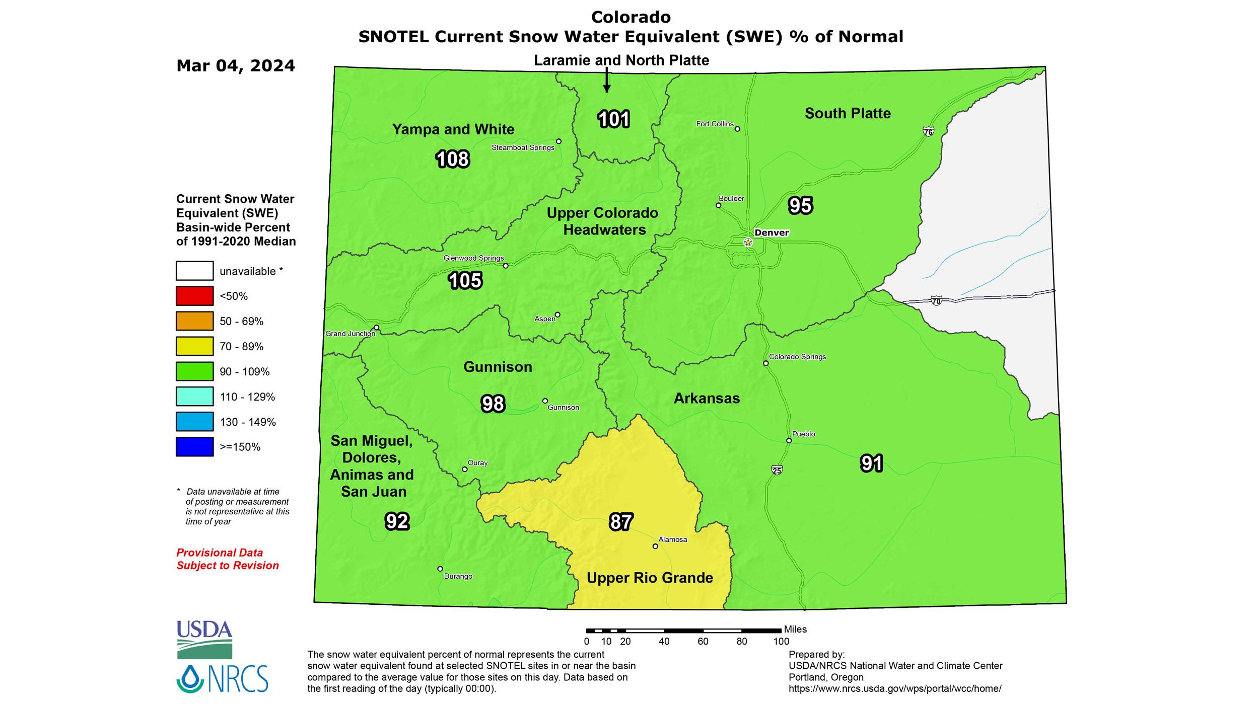 Early March 2024 Colorado snow water equivalent map