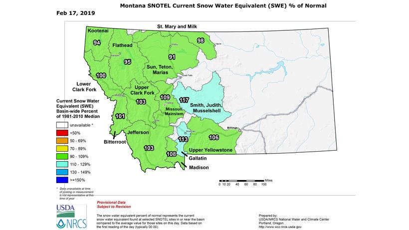 Montana snow water equivalent as of february 2019
