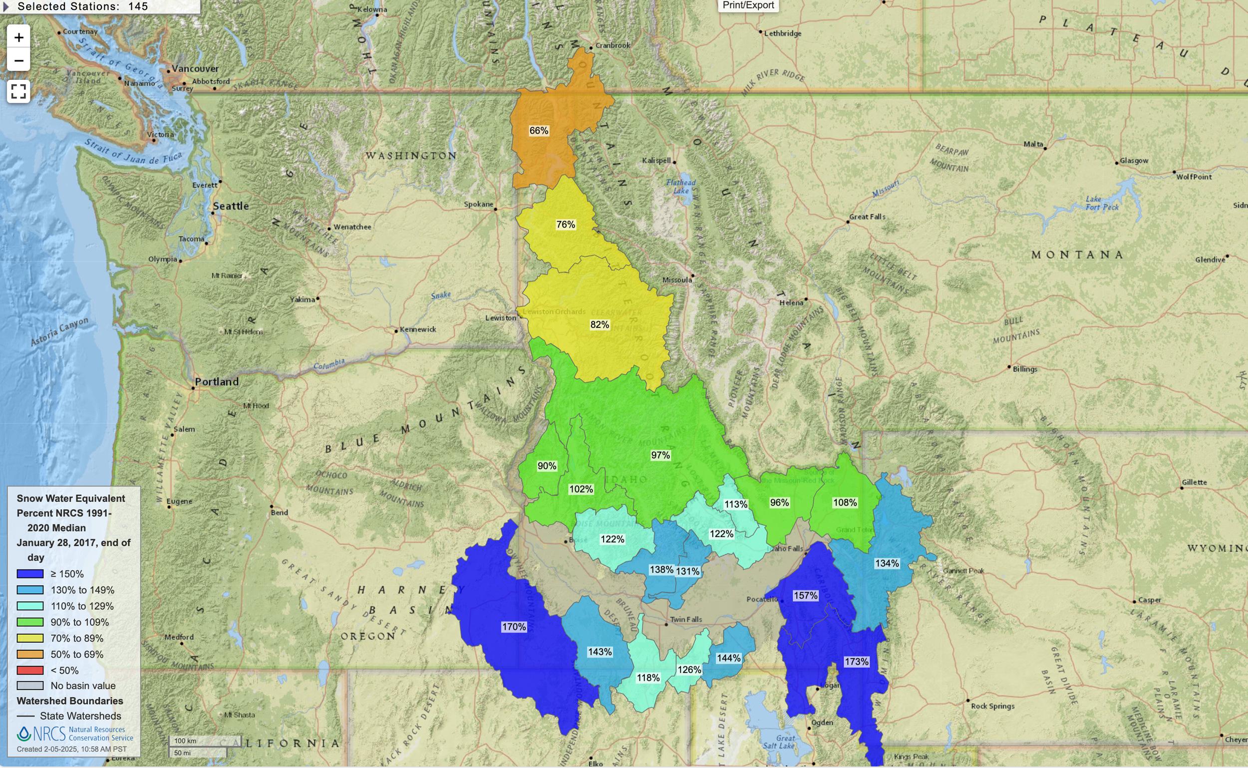 Idaho January 28, 2017 snow water equivalent percent map