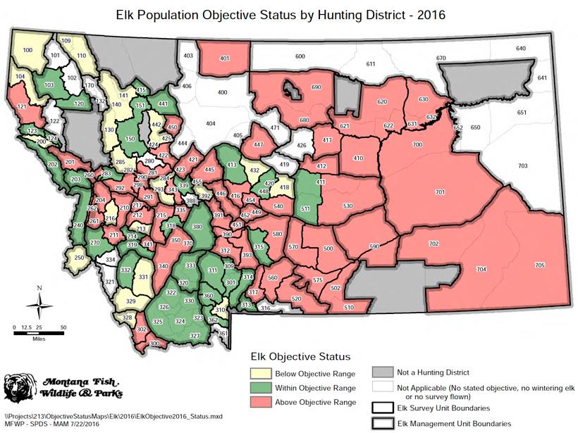 2016 elk population status by hunting district