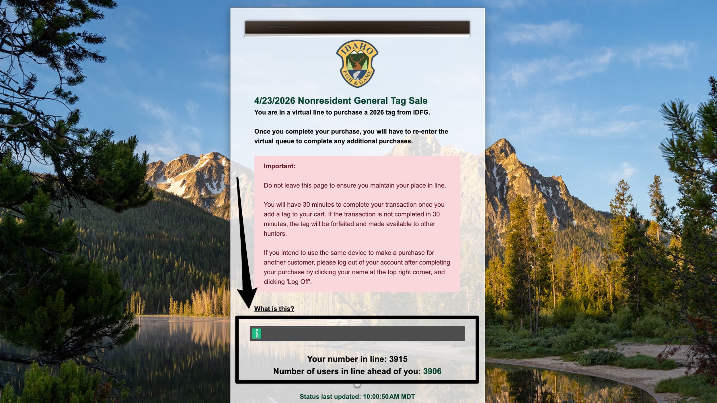 In line to purchase an Idaho general season hunting tag with random number assigned