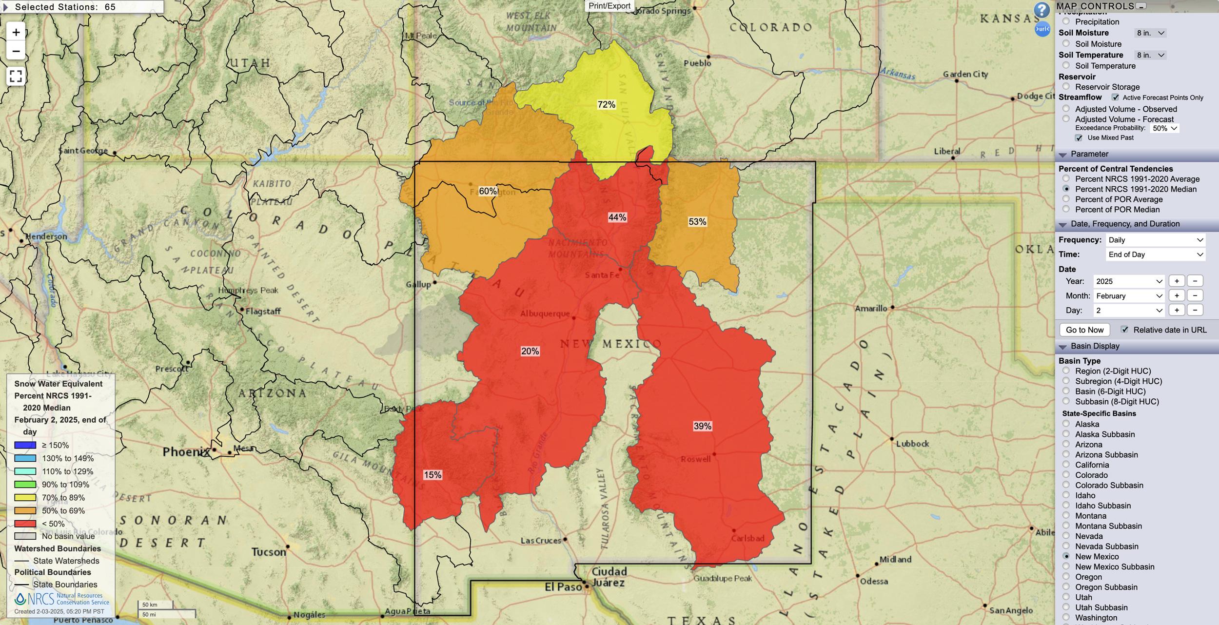 New Mexico February 2, 2025 snow water equivalent percent map