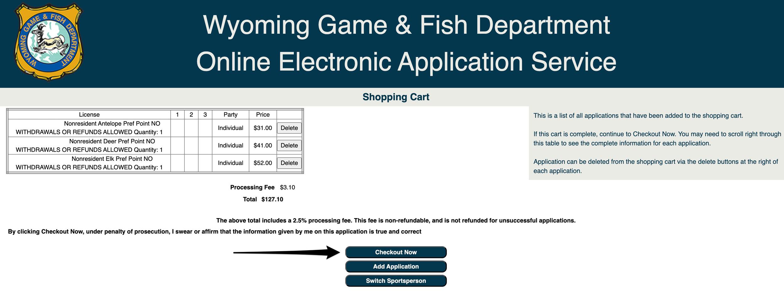 Final shopping cart when purchasing Wyoming preference points for hunts