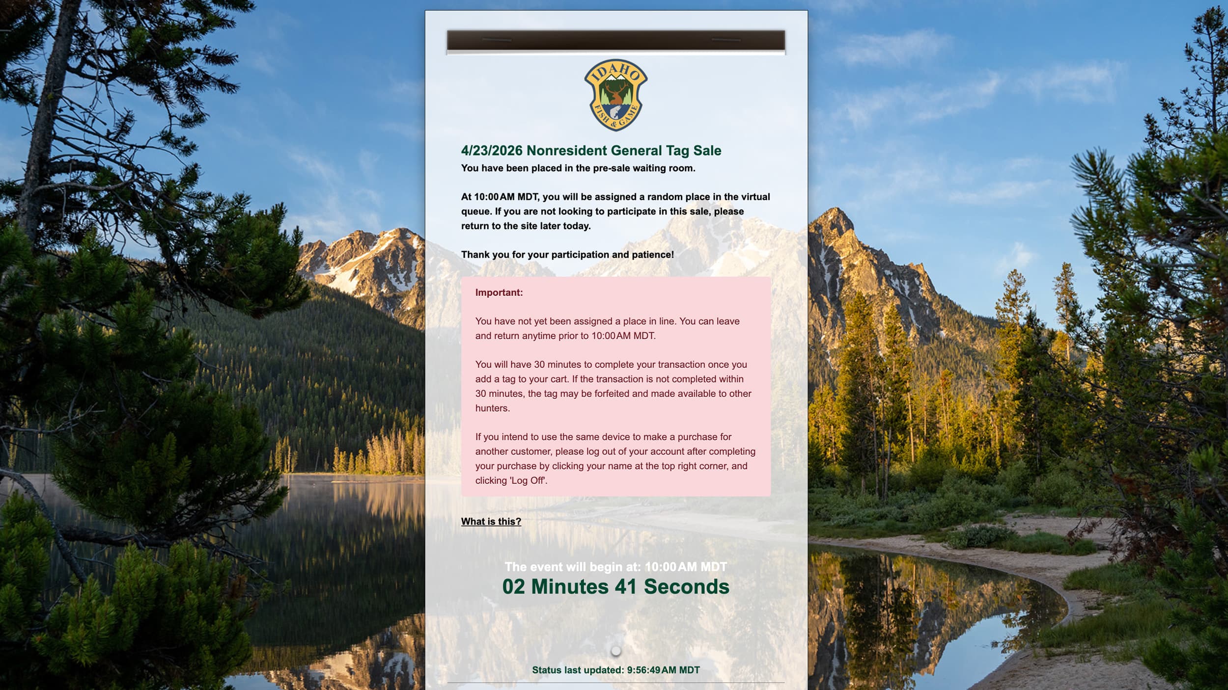 Countdown timer will update in pre-waiting room for Idaho general season returned deer and elk tags