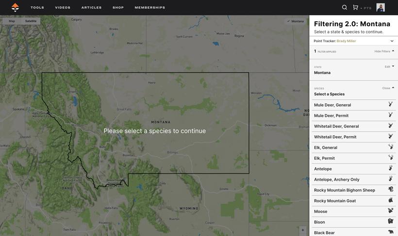 Montana species for hunting on filtering 2.0
