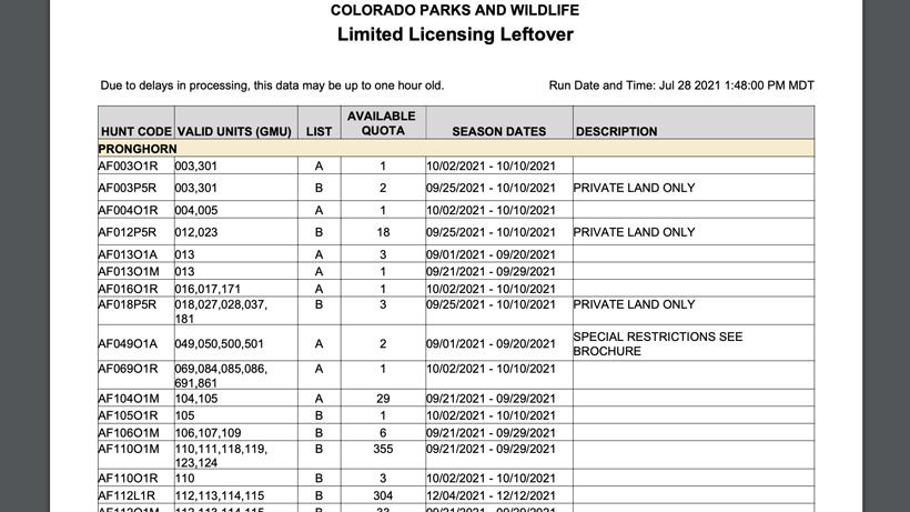 2021 Colorado leftover hunting license list - 0d