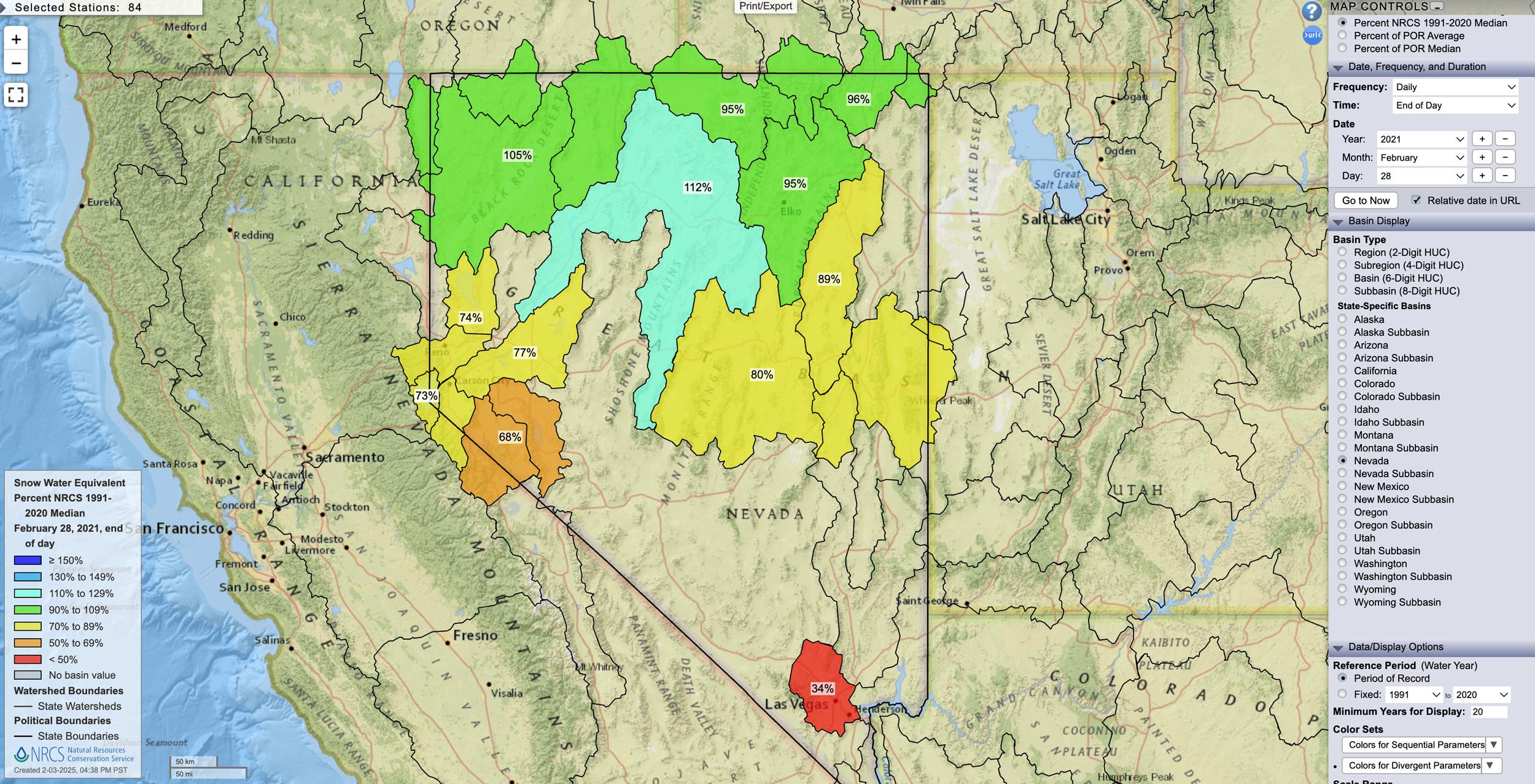 Nevada February 28, 2021 snow water equivalent percent map